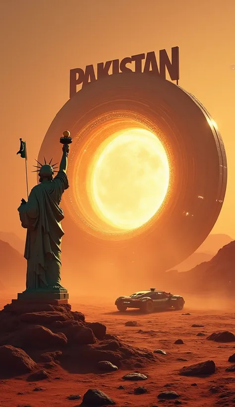 "Create a cinematic science fiction scene on Mars featuring Pakistans national flag waving proudly beside the Statue of Liberty, which stands against a dusty orange sky. Include a massive alien portal or stargate emitting a swirling golden energy in its ce...