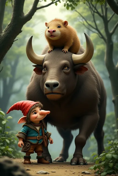 a gnome raiding a capibara that is atop a minotaur.