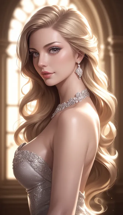 blonde elegant woman, detailed portrait, beautiful detailed eyes, beautiful detailed lips, extremely detailed face, long eyelashes, elegant dress, natural lighting, photorealistic, 8k, hyperdetailed, intricate details, masterpiece, cinematic lighting, warm...