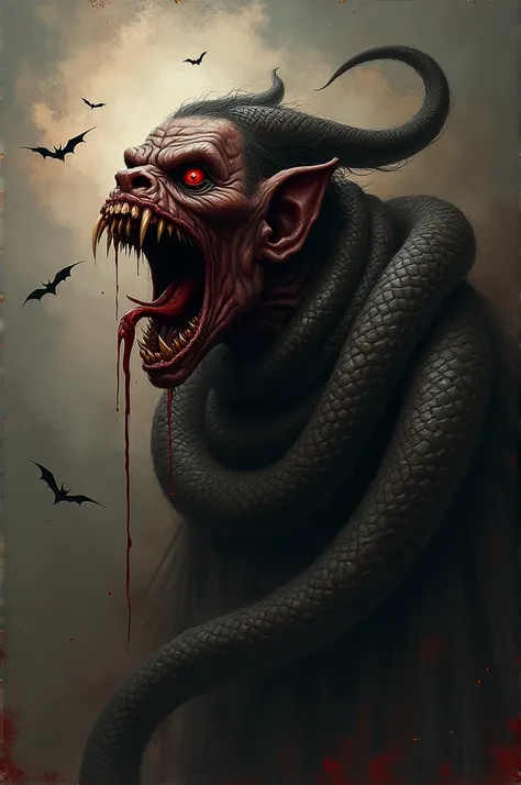 He portrayed a demon with a big snake on his neck and blood in his mouth and bats in the background 
