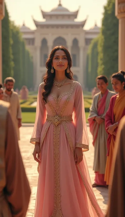 18-year-old Princess Meera, standing confidently in the palace courtyard, with a gentle smile and a sense of purpose on her face. She is wearing her light pink gown with golden embroidery, surrounded by villagers looking up to her with admiration. The pala...