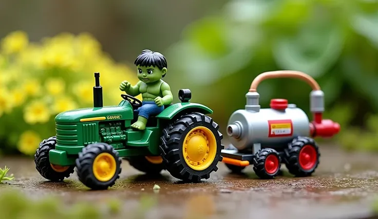 Create an image showing a DIY model setup with a miniature tractor pulling a water tank. The tractor is designed for a Hulk action figure as the driver, and it is attached to a homemade generator water pump system. The setup is built with various small, co...