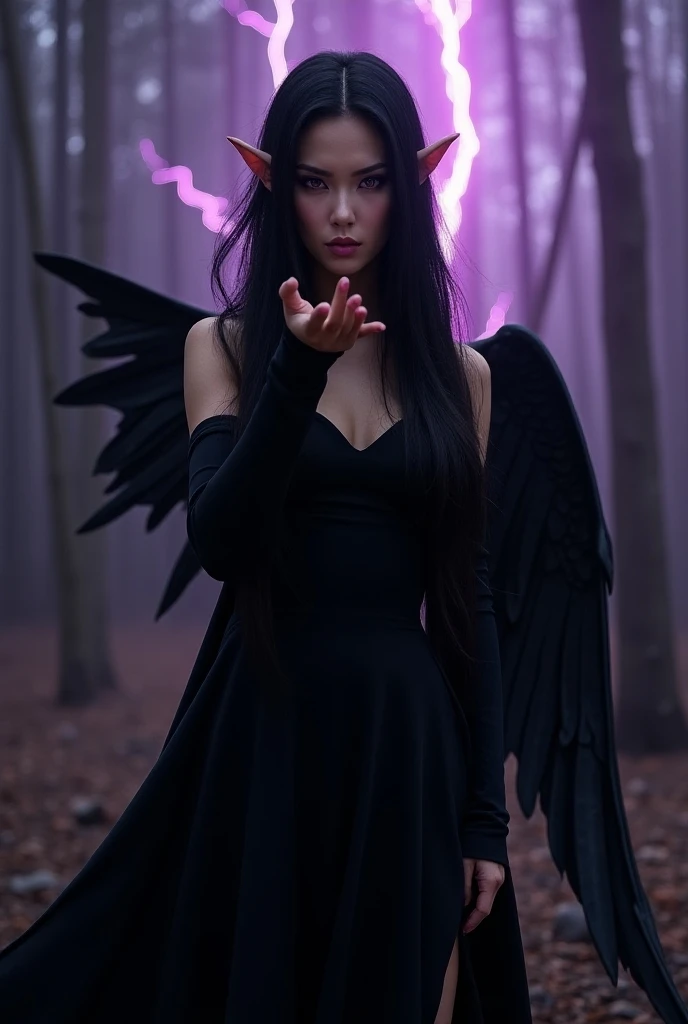 Female character , elegant , purple eyes ,  black hair  , elf ears , blowing a kiss , black clothes , Black wings , Purple lightning passing behind, Burnt forest