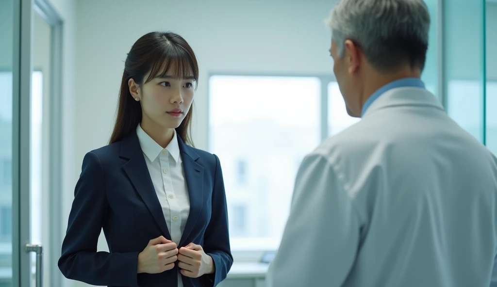 health check。Examination Room。A young woman in a 。 there is a young woman in a Japanese recruitment suit。She took off her jacket、Holding it in hand。There is a middle-aged man wearing a white coat。Photo quality。Realistic。