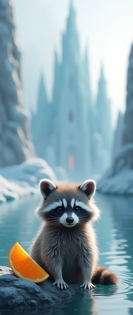 A photo of an extra fluffy baby raccoon against a dreamy backdrop of a large ice city. The raccoon is sitting on a rock and is partially submerged in water. The city has towering structures made of ice and has a surreal, otherworldly atmosphere. The backgr...