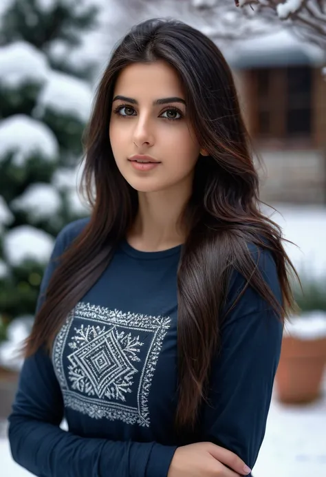 a (28 year old) Arab girl, long straight dark brown hair, dark eyes, portrait,front view, (full body) ,garden,snow,(best quality,8k,highres,masterpiece:1.2),ultra-detailed,(realistic,photorealistic,photo-realistic:1.37),HDR,UHD,studio lighting,sharp focus,...