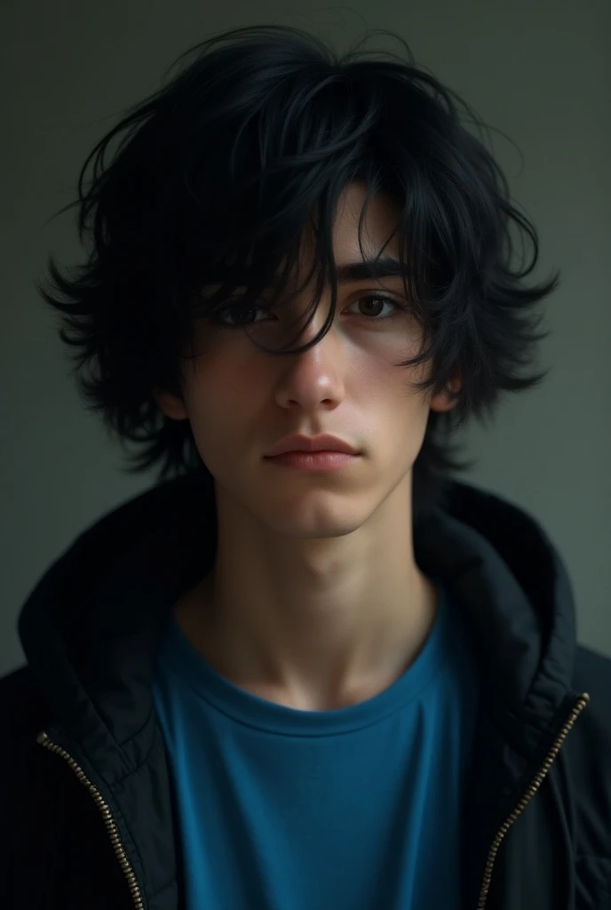 Teenage boy with long black hair wearing blue t-shirt and black jacket 