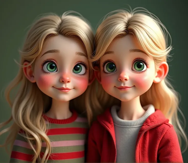  Create a ultra realistic 8k 3D image of twin 1 boy and 1 girl.  The 1 boy of 12.   with tired eyes.  They are  have green eyes . big smile.  The boy is blond foncé with fine hair. Coup court sur les côtés et un peu plus long sur le dessus de le dessus. Th...