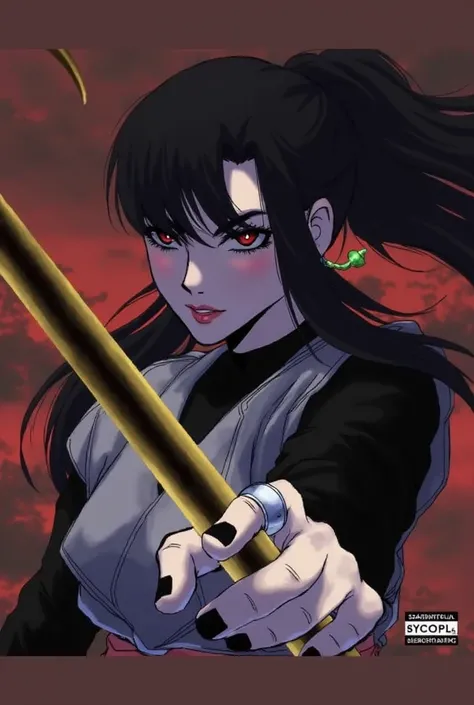 Sexy anime women with long jet black hair in a ponytail and bright blood red eyes. Masterpiece, 