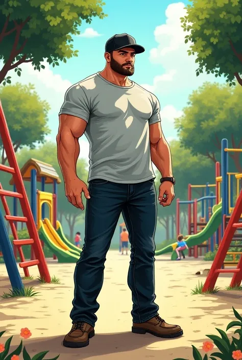 Please create for me the image of a  full-bodied male in a drawing image wearing a black cap at a playground
