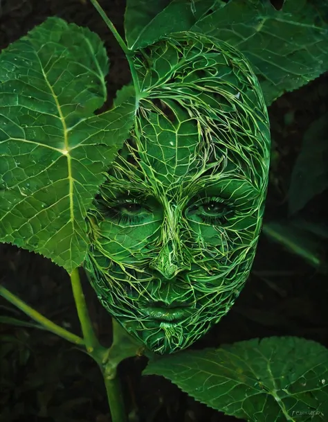 A close-up image of a leaf vein that has been transformed into a stylized image of a womans face. The veins have been enhanced and turned into intricate patterns that resemble a work of art. The background is a dark green color.