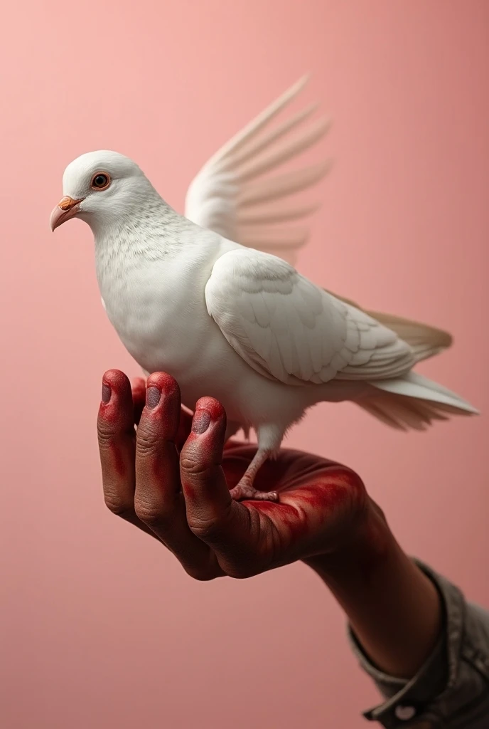 A white innocent pigeon held by bloody hands. The entire image should be shown in left angle. The hands are old and brown of a man. The background is pink.