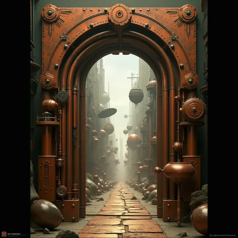 Portal to Another Dimension, A door made of copper and iron, embedded in a steampunk style city, covered with gears and pipes. Behind the door is an interdimensional world filled with machinery and steam, with huge mechanical creatures and flying ships shu...