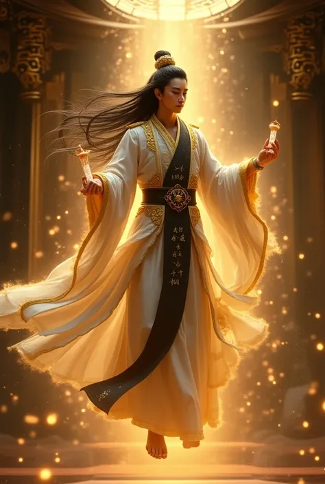 (Jiang Qingying:1.2), (long white robe:1.1), (long black hair:1.2), (glowing aura:1.3), (concentration expression:1.2), (floating in the air:1.5), (Golden Core:1.3), indoor, mystical chamber, glowing runes, bright light, full body, view of back, (Li Yunshe...