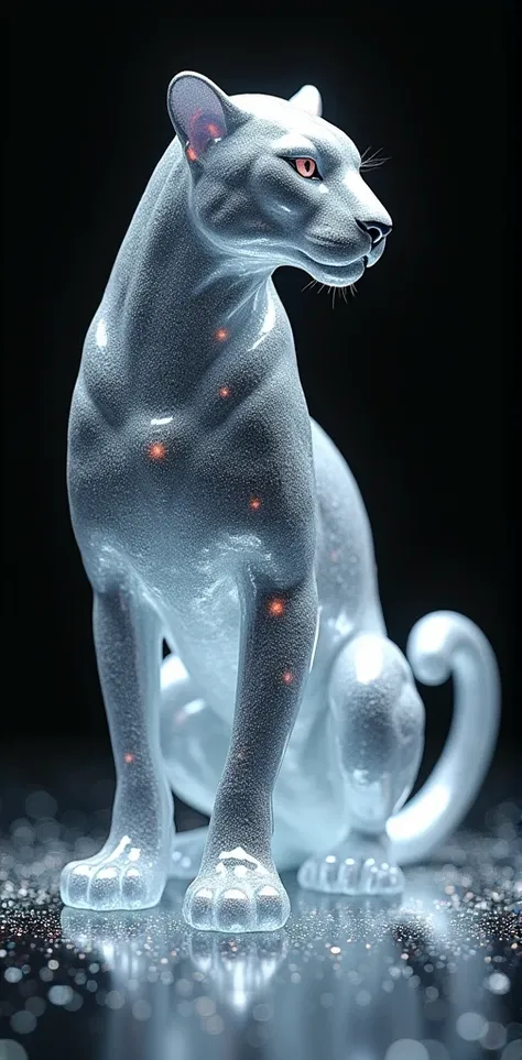 3D rendering of an anthropomorphic silver leopard made of ice and gold, full-body view, standing on a stage, close-up shot, dark background, shimmering particles, bright light from behind, ultra-realistic details, extremely high resolution, best quality.