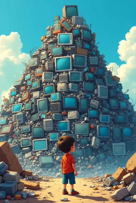 The boy sees a mountain of electronic waste cartoon