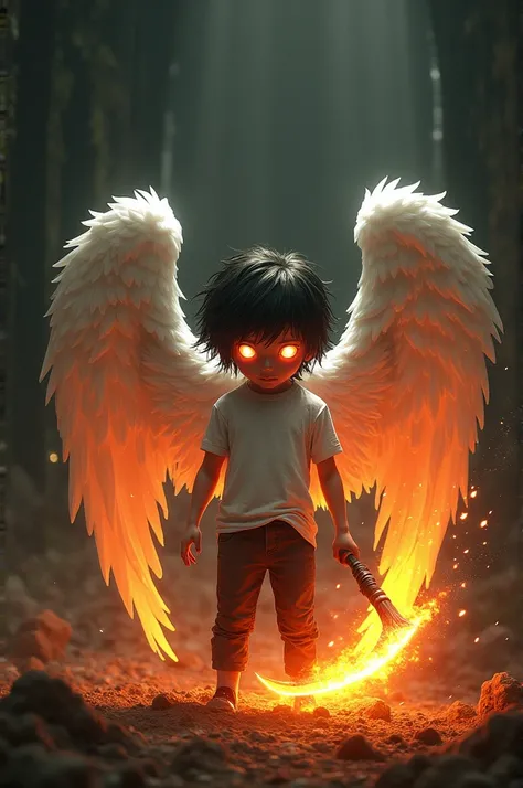 Isaac from Binding of Isaac with white wings and red eyes with a flaming sickle