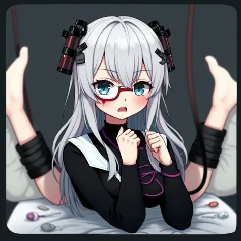 Lewd, It&#39;s annoying, girl, (M-shaped position ), (Be embarrassed), 155cm, (wear an eye patch), ( crying ), ( lying on the bed),,  with a leash , White straight hair , (hands and feet tied), (Heart eyes), (Be shy), Sex Toys, sex, laboratory, feel, flush...