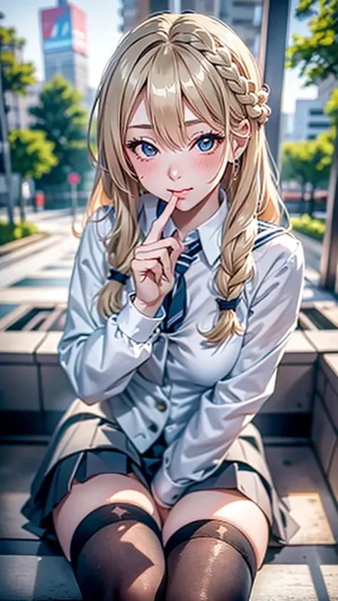 （Blonde gal with a slender figure:1.2）, 18 year old Japanese, PORTRAIT,Big Lips,Braided Hair, sailor suit, black mini skirt, black knee-high socks, high definition,Viewer discretion advised,Pornographic images,18+,（ masterpiece）,2k