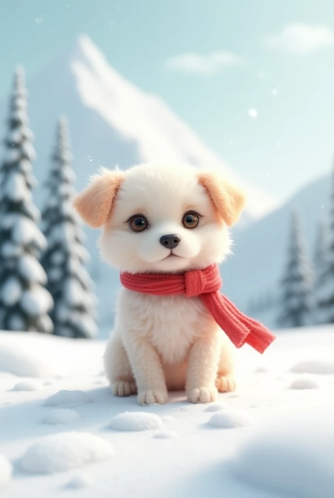 A very cute, small 3D dog sitting at the base of a snow-covered mountain. The dog has fluffy fur, bright eyes, and is wearing a tiny red scarf. Snow is falling softly around it, and the landscape is blanketed in fresh, white snow, with tall trees in the di...