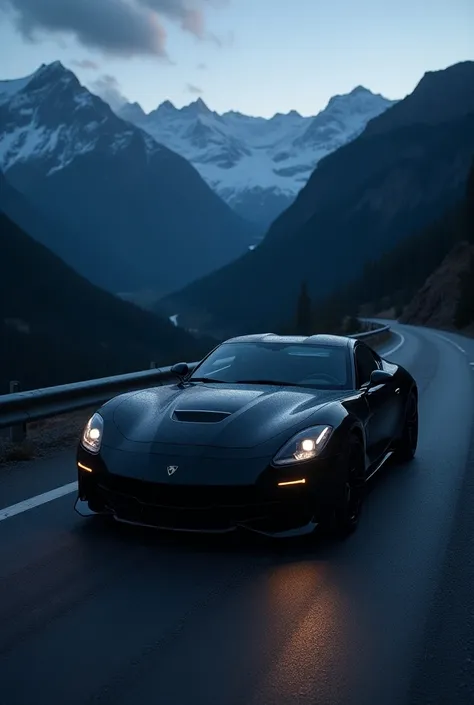 A black car with white tyre at night in mountains 