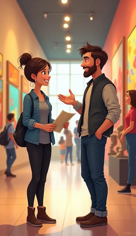 Create a a warm, lively scene in an art museum featuring two characters in conversation. Sarah, a visitor in her late 20s with a relaxed, approachable style, wears a denim jacket over a gray T-shirt with black leggings and ankle boots. Her hair is casually...