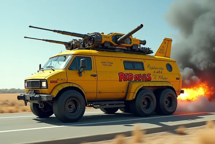  of a yellow army campervan with the wings of a jet plane in which there were rocket launchers and the top of the tank was driving down the highway with black flames burning at the rear as daylight,  car tires replaced with chain wheels from tanks ,  The s...