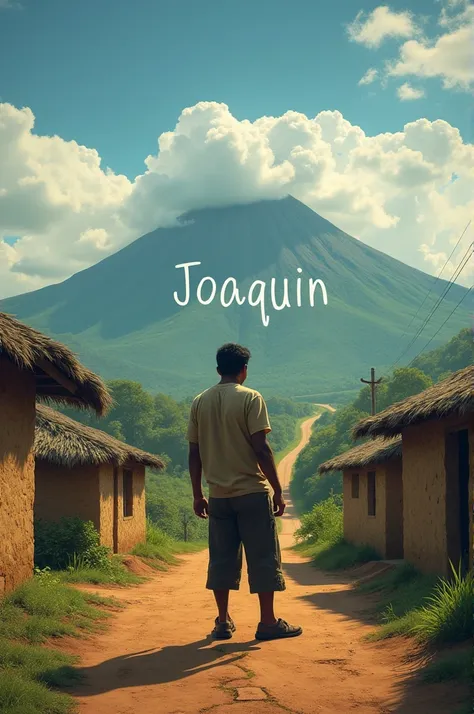 Costa Rican peasant man with his back , only half body,  watching a road and at the end a volcano in Costa Rica ,  some houses made of mud and at the end of the road a black spiral like a portal.  Up in the sky is written the name Joaquin 