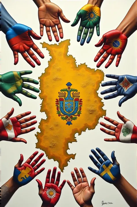 Create hand art around the geographical map of Bolivia and each hand must be painted with the 9 flags of the departments of Bolivia 