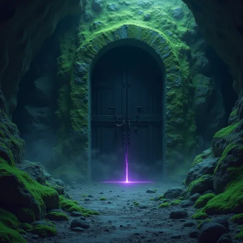 Portal to Another Dimension, Located deep underground in a desolate land, a pitch black iron door waits quietly. A faint purple light emanated from the crack of the door, as if it were an entrance to another world. The surrounding rocks are covered in stra...