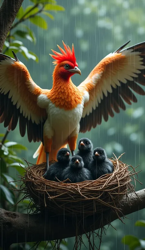 "A hyper-realistic image of a phoenix bird standing on the edge of its nest during a rainstorm, wings fully extended in a protective manner over a group of young chicks. The phoenix has a red head with an white and tan chest, with feathers spread wide, sho...