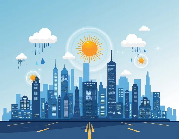 Design Elements: A background of a city skyline with weather icons (sun, clouds, rain) overlayed.
Text Overlay: "Live Weather Checker - Stay Updated!"