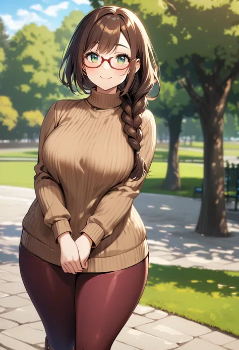 One girl, curvy, dark green eyes, braided ponytail, brown hair, freckles, glasses, brown wool sweater, burgundy leggings, brown boots, large breasts, wide hips, thick thighs, smiling at viewer, arms together, walking, park background, daytime