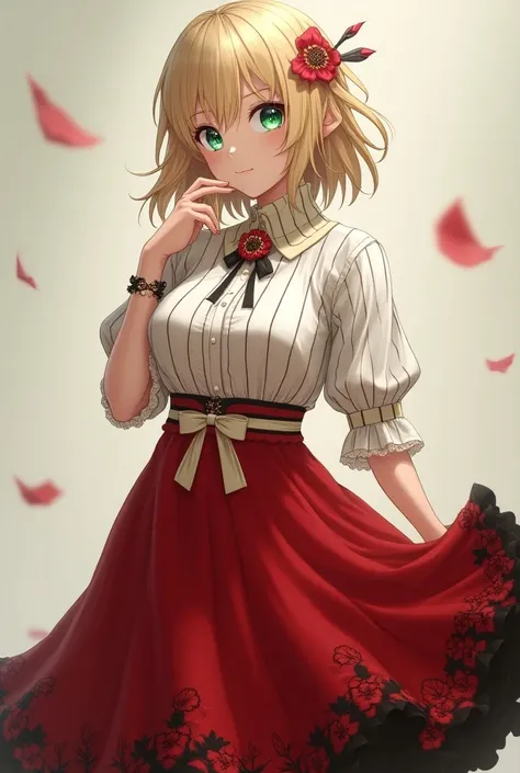  Create an image of Melina ,  the faith version of Meliodas ,  the sin of anger from the anime Seven Deadly Sins , is wearing a dress ,  the upper part of the dress is a white striped shirt and the lower part of the dress is colored.  blood red with black ...