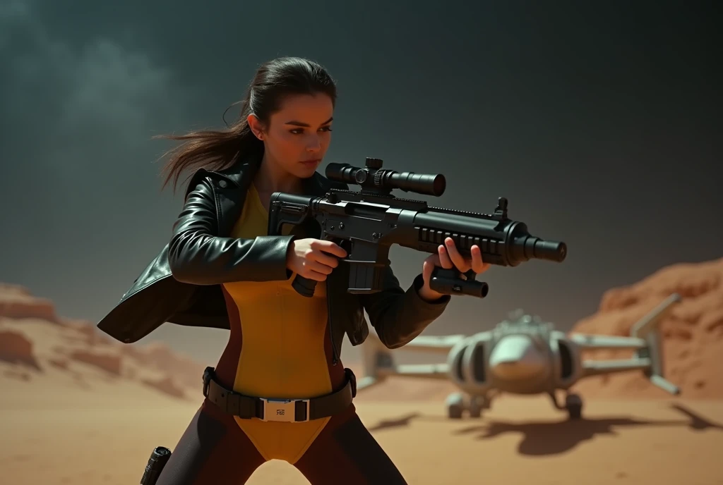 DVD Screenshot from 1950s Retro-futurism Movie,Female Poe Dameron, Holding a Laser Assault Rifle in Her Hands, She Wears a Form-fitting Rebel Pilot Suit that highlights her beauty with an exaggerated hourglass figure, Wearing a Leather Jacket over it, In t...