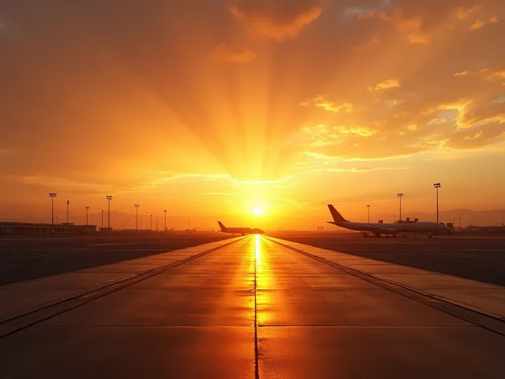  The sunset falls on the runway at Urumqi Airport，Golden light illuminates the runway 。