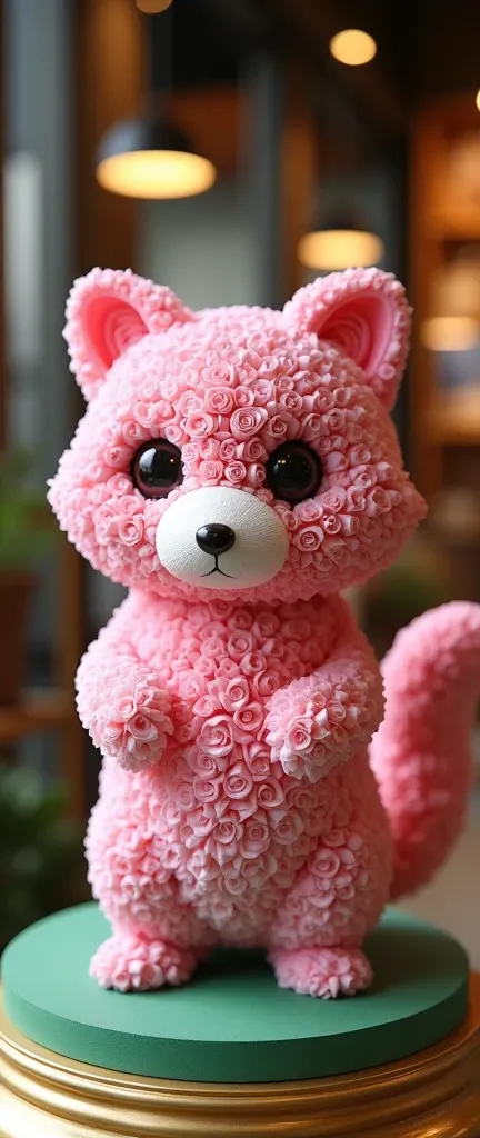 A photo of a meticulously crafted figurine of a cute extra fluffy baby realistic raccoon-like creature made entirely of pink roses. The raccoon has large, expressive eyes and a curved tail. It stands on a green base with a golden rim. The background appear...