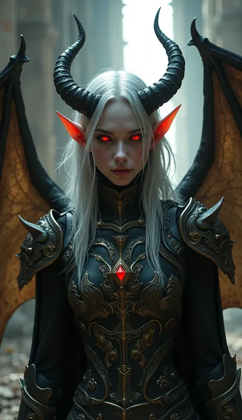 A pale-skinned male demon with a subtle reddish glow at the edges of his features, deep red eyes that emit a faint glow, long silver hair that falls messily around his dark, twisted horns. His attire is armor decorated in intricate patterns of gold and bla...