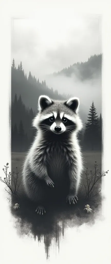 A black and white double exposure image of a cute, extra fluffy baby raccoon. There is a mirrored rectangle with the raccoons image. The background is thick white clouds of fog over hills with a dense black forest. The image has a surrealism, fantasy, and ...