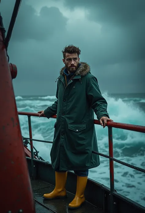 ((masterpiece)) ((photography)) ((Highest quality)) A cinematic photograph of a young bearded man on a fishing boat in a dark green raincoat and bright yellow boots. The scene captures the raw intensity of the sea, with waves crashing violently against the...