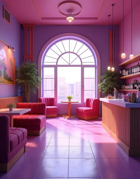 8K quality, photorealistic photos of an old nightclub, wooden finish, bright colors, a lot of light coming through the large window, wooden furniture and walls in light purple and heather, on the right you can see a small bar. Despite the purpose of the pr...