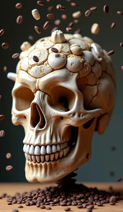 " A surrealistic sculpture of a human skull made from coffee cups together with coffee beverage flying around and floating around, cups with skull structure ,  with intricate and pointed details .



details:



- Shape :  Oval or spherical

- Size :  20-3...