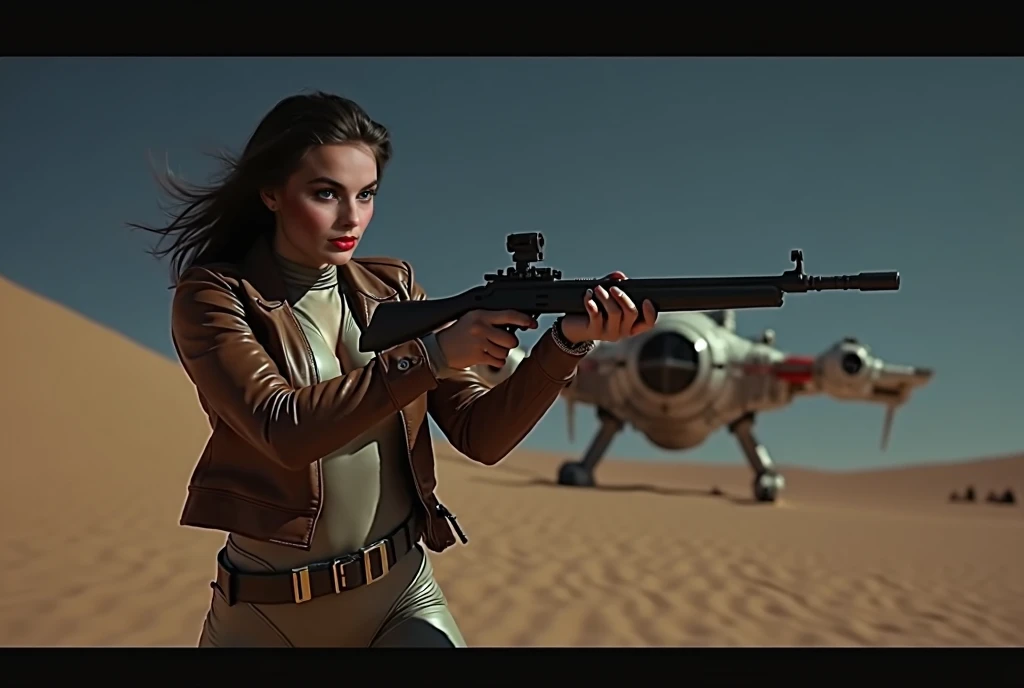 DVD Screenshot from 1950s Retro-futurism Movie,Female Poe Dameron, Holding a Laser Assault Rifle in Her Hands, She Wears a Form-fitting Rebel Pilot Suit that highlights her beauty with an exaggerated hourglass figure, Wearing a Leather Jacket over it, In t...