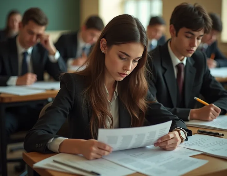 open image, of the type photograph ,  with several people taking the exam and a pretty lady looking at her highlighted exam.