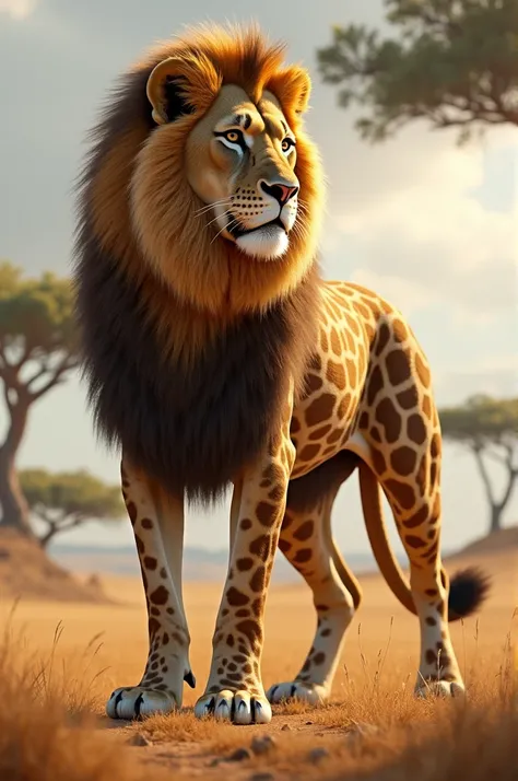 Here’s a prompt for creating a hybrid monster that combines a lion and a giraffe:

"Design a striking hybrid creature that blends the powerful features of a lion with the graceful attributes of a giraffe. The body is robust and muscular like a lion, exudin...