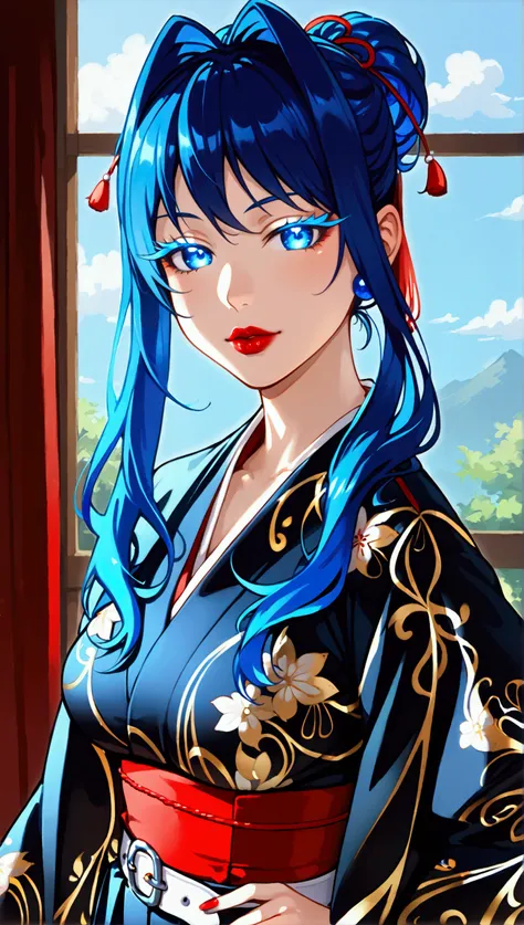 young woman,  with glowing blue hair in a long ponytail,  blue bright eyes, blue lashes , red lips, medium-sized ,  wide hips ,  narrow waist ,  dressed in black tatsuke hakama ,  breasts that fit snugly ,  pants from a pair of white kyahan and white tabi ...