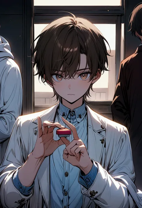  A young man with short, well-styled brown hair and warm brown eyes,  wearing a white coat over a light blue dress shirt ,  standing in a classroom or laboratory .  He has a friendly and attentive expression ,  holding a sharpener in one hand while gesturi...