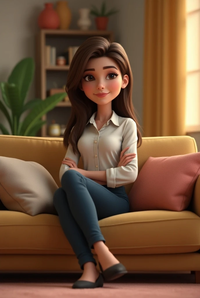 A woman in her thirties smart and confident sitting on a sofa 3d pixar style 