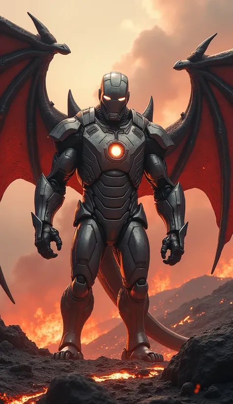 "On a volcanic landscape with flowing lava, create a powerful hybrid character that combines the essence of Iron Man with the fearsome presence of a dragon. This character should have the massive, scaled body of a dragon, its skin integrated with sleek, me...