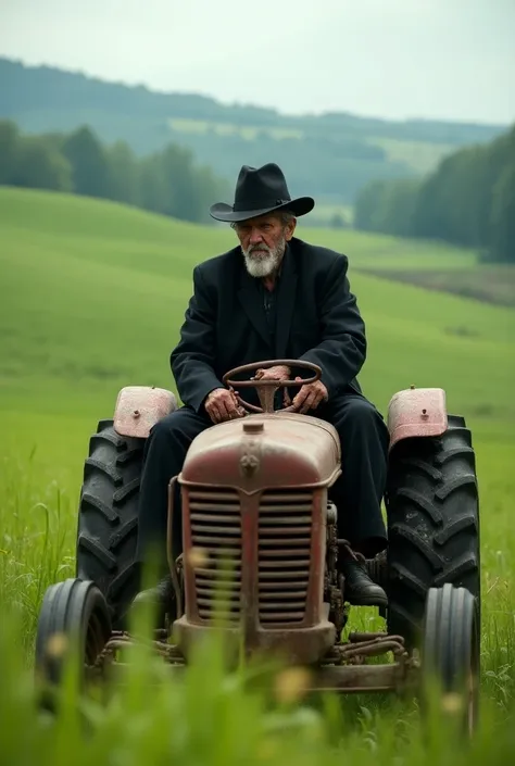 Undertaker farming in field sitting on tractor real image